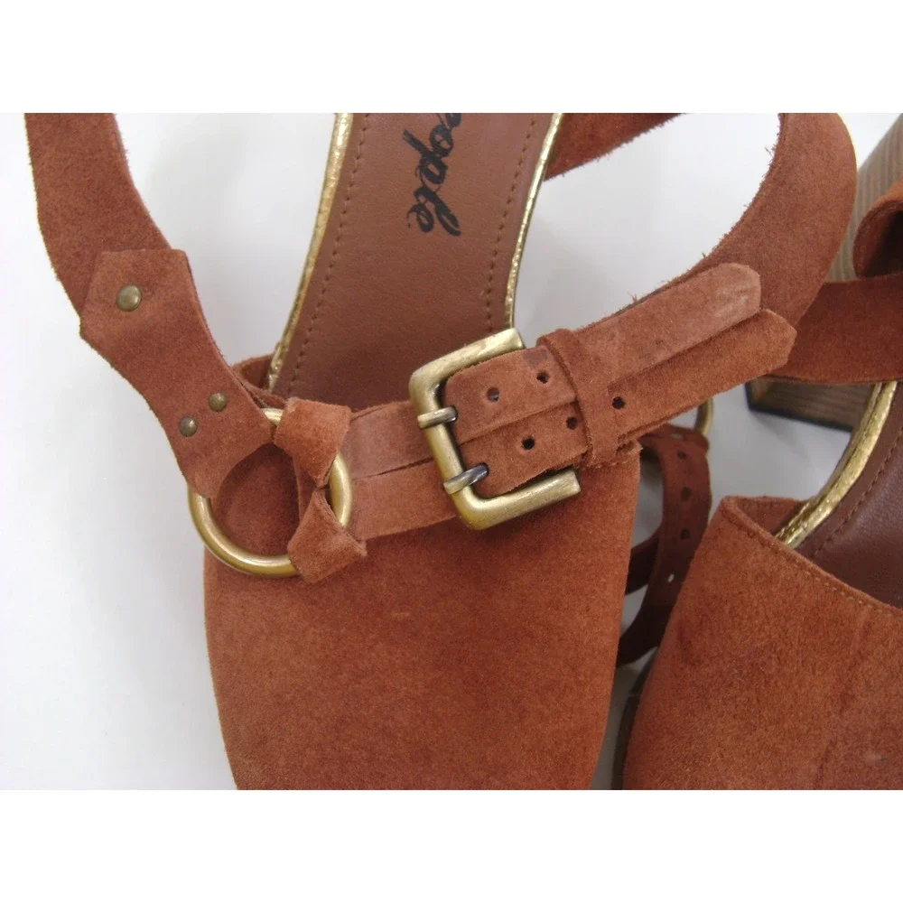Free People Suede‎ Platform Sandals Rust Brown Gold Metallic Block Heel Size 39